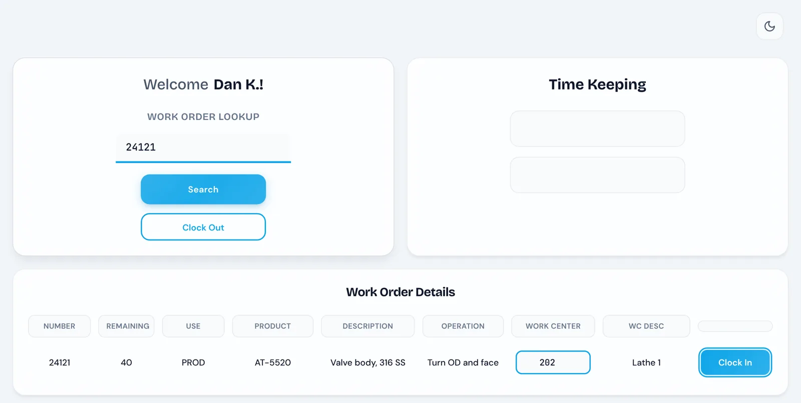 The operator screen: a welcome message, a work order lookup, and the work order's details with a work center entered and a Clock In button.